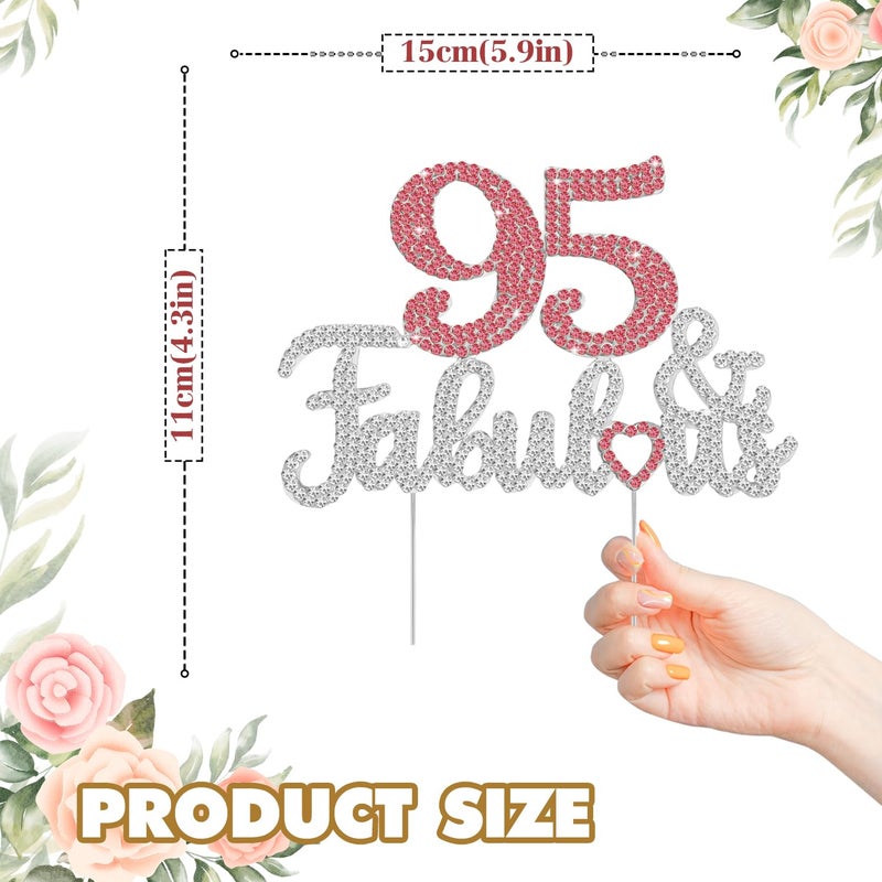 LASKYER 95 & Fabulous Peach Red & Silver Rhinestone Cake Topper - Happy 95th Birthday Cheers to 95 Years Old Bday Party Metal Sparkly Food Centerpieces Topper Decorations Keepsake. - Image 2